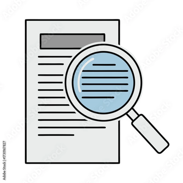Fototapeta Magnifying Glass Examining Document with Black Text and Blue Accents on White Background
