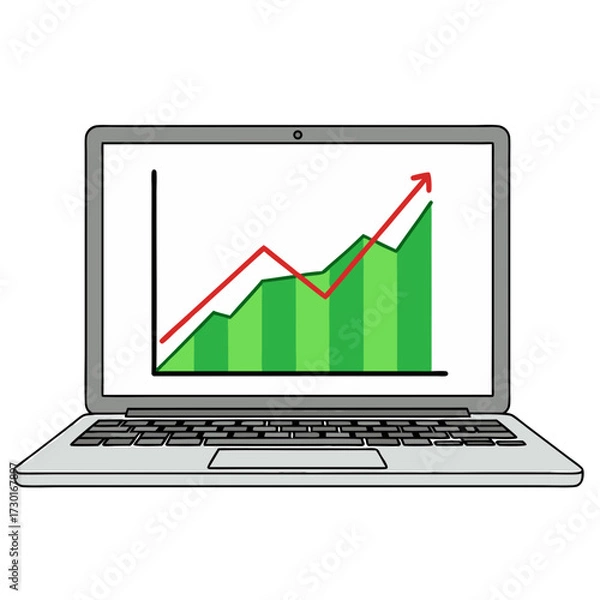 Fototapeta Laptop Screen Displaying Green Bar Graph with Red Arrow on White Background