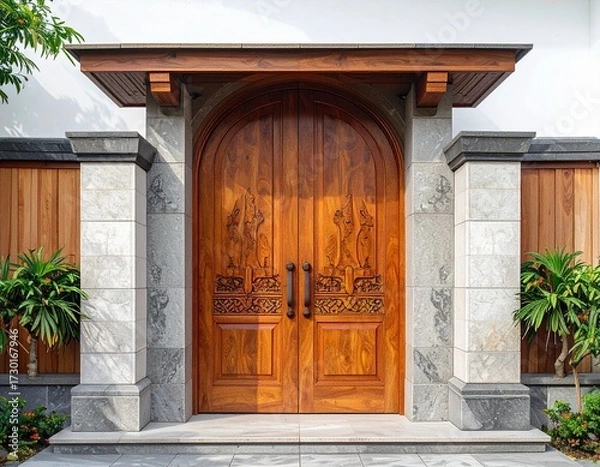 Obraz Traditional wooden carved arch door with stone pillars