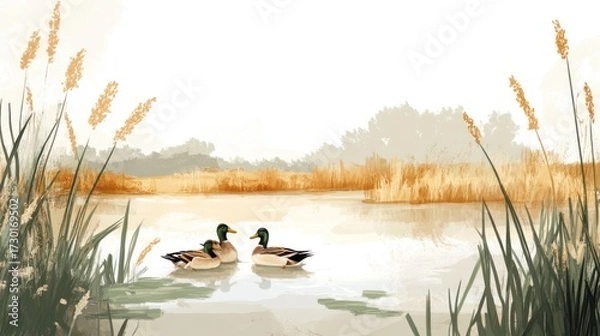 Fototapeta Serene marsh landscape featuring ducks resting in calm water, illustration