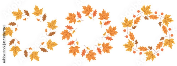 Fototapeta Vector set of three autumn wreath frames made of yellow, orange and red leaves. Perfect for seasonal design, invitations, greeting cards, posters, stickers, Thanksgiving