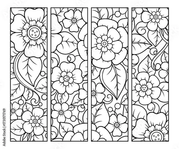 Fototapeta Printable bookmark for book - coloring. Set of black and white labels with flower patterns, hand draw in mehndi style. Sketch of ornaments for creativity of children and adults with colored pencils.