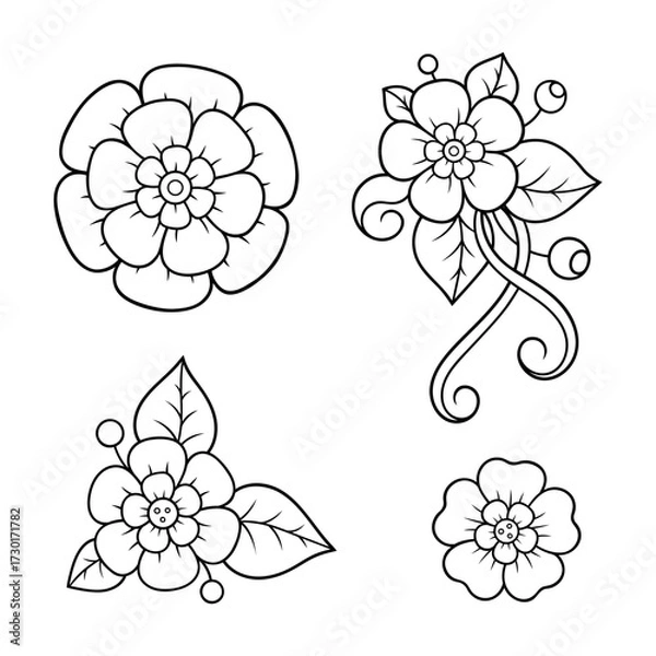 Fototapeta Set of Mehndi flower pattern for Henna drawing and tattoo. Decoration in ethnic oriental, Indian style. Doodle ornament. Outline hand draw vector illustration.