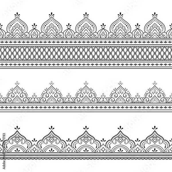 Fototapeta Set of Seamless borders pattern for Mehndi, Henna drawing and tattoo. Decoration in ethnic oriental, Indian style. Doodle ornament. Outline hand draw vector illustration.