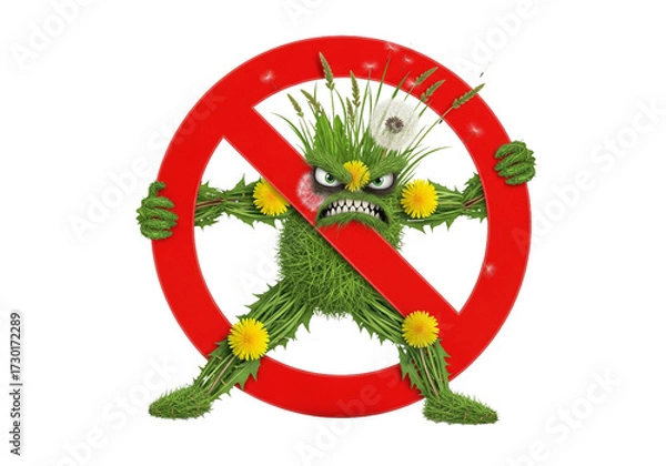Fototapeta A cartoonish green monster with a single eye and spiky hair is trapped within a red prohibition sign indicating it is forbidden or banned