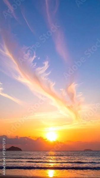 Fototapeta Vibrant sunset over ocean, clouds streaked across the sky