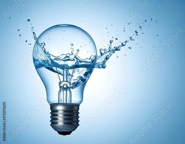Fototapeta Water splashing from a glass lightbulb against a blue background
