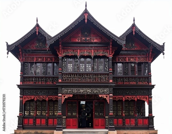 Obraz Traditional Minangkabau Rumah Gadang with black and red carved wooden facade and pointed roof