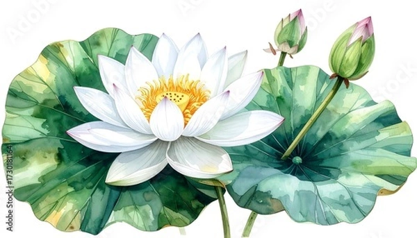 Fototapeta Watercolor painting of a white water lily with two unopened buds and lily pads
