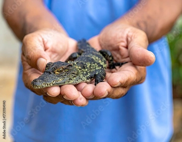 Fototapeta Small Crocodile in Hands, Wildlife Conservation, Close Up.