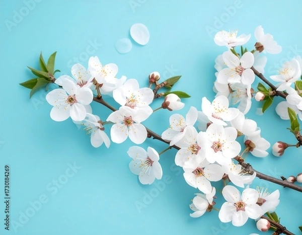 Fototapeta White blossoms on a branch against a light blue background