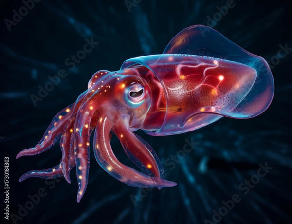 Obraz Squid with Glowing Internal Structures in Deep Sea