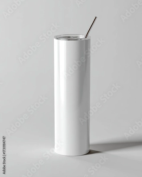 Obraz Minimalist White Beverage Container with Metal Straw on Gray Background