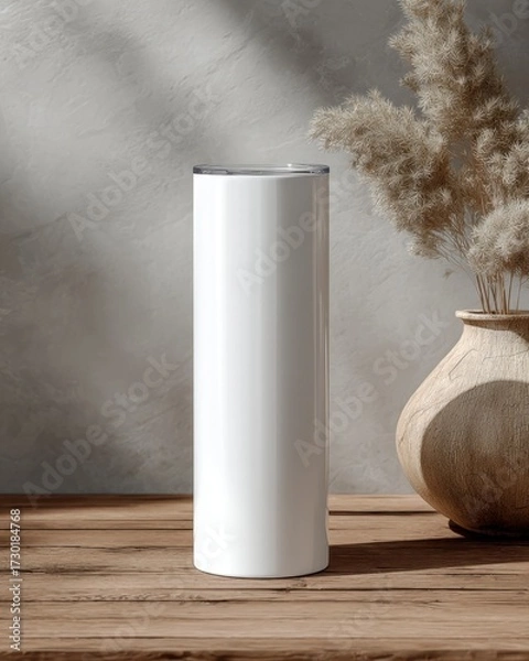 Obraz Minimalist White Cylinder on Wooden Surface with Dried Plants