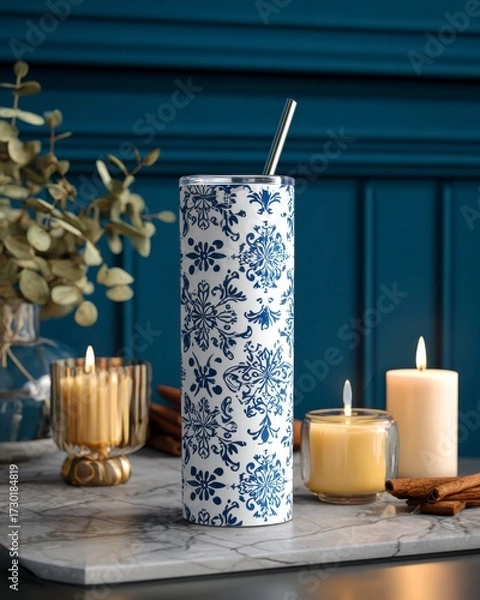 Obraz Elegant Decorative Tumbler with Floral Design and Candles Display