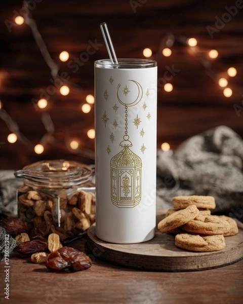 Obraz Elegant Drink Tumbler with Lantern Design and Delicious Treats
