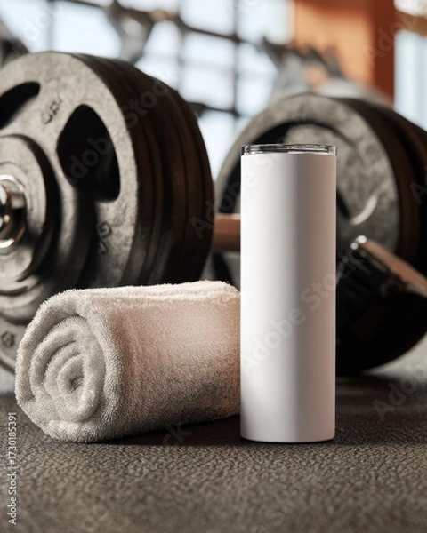 Obraz White Sports Bottle and Towel on Gym Floor with Dumbbells Nearby