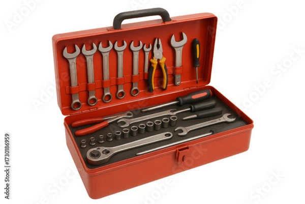 Obraz Red open toolbox displaying various work tools