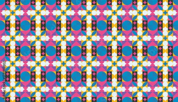 Obraz Seamless geometric vector pattern with colorful circles, triangles, and abstract shapes in vibrant tones of blue, pink, yellow, and black
