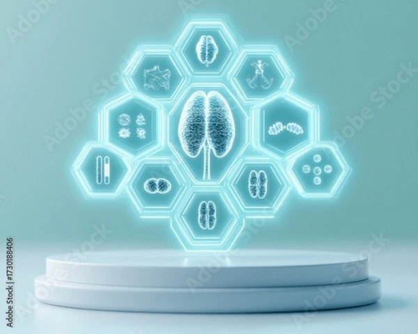 Fototapeta Futuristic digital interface showcasing brain functions and biological processes in hexagonal panels.