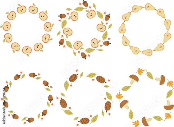 Fototapeta Vector set of six autumn wreath frames made of apples, pears, acorns, pinecones, mushrooms, and colorful fall leaves. Perfect for seasonal design, invitations, greeting cards, stickers