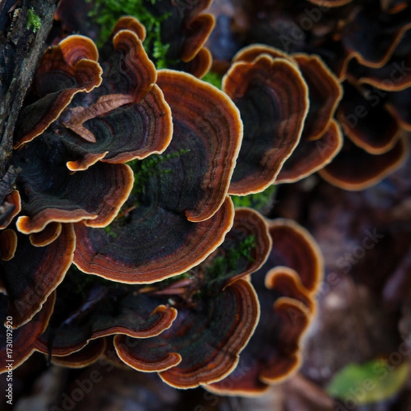 Fototapeta Colorful bracket fungi with concentric rings on decaying wood. Macro forest texture ideal for autumn themes, ecology visuals, and nature design.