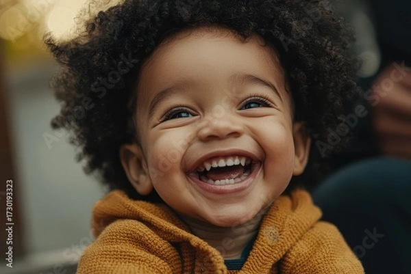Fototapeta Happy toddler laughing portrait in soft natural light