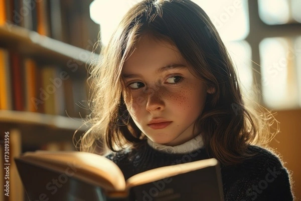 Fototapeta Young schoolgirl reading book in sunny library with thoughtful expression