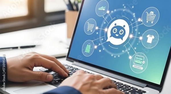 Obraz Man using chatbot on laptop for online shopping concept