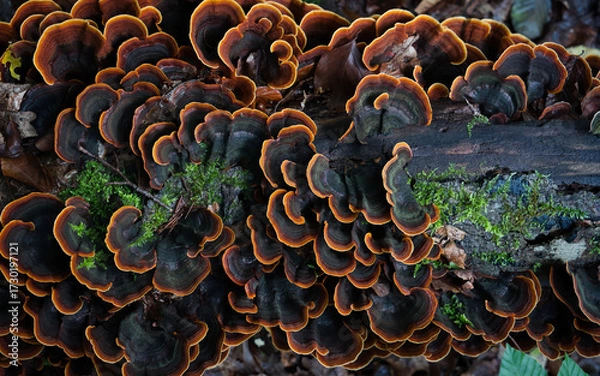 Fototapeta Colorful bracket fungi with concentric rings on decaying wood. Macro forest texture ideal for autumn themes, ecology visuals, and nature design.