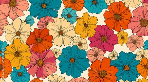 Fototapeta colorful flowers in full bloom, showcasing vibrant petals in a rainbow of hues. This lively floral arrangement radiates beauty, freshness, and natural charm, perfect for adding a touch of brightness