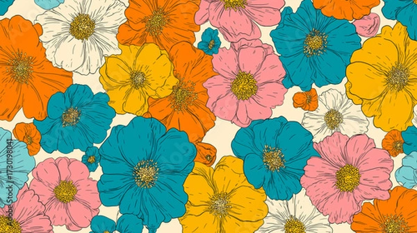 Fototapeta colorful flowers in full bloom, showcasing vibrant petals in a rainbow of hues. This lively floral arrangement radiates beauty, freshness, and natural charm, perfect for adding a touch of brightness