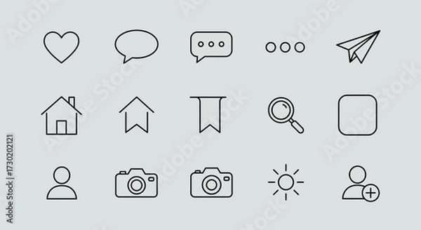 Fototapeta Collection of various outline icons representing social media and interface elements.