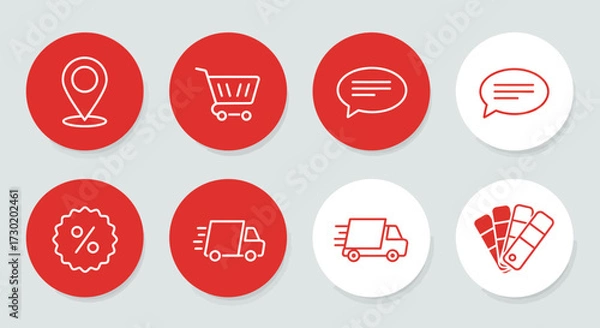Fototapeta A collection of modern line icons for e-commerce and online shopping on red and white circular backgrounds.
