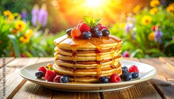 Fototapeta Golden stack of delicious pancakes with fresh berries and syrup on a sunny morning