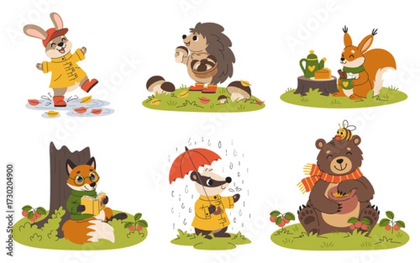Fototapeta Cartoon autumn forest animals vector set. Cute rabbit, hedgehog, squirrel, fox, badger, and bear with seasonal activities. Woodland characters in cozy clothes for kids and children.