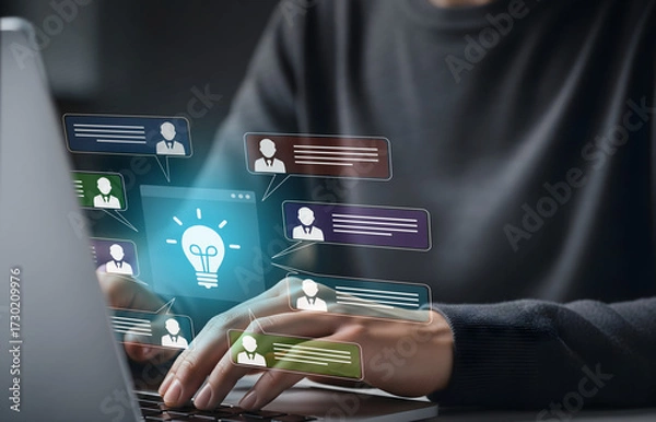 Obraz Collaborative Idea Sharing in Digital Workspace, Chat bubbles and glowing light bulb over laptop typing scene