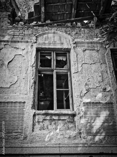 Fototapeta Black and white photo of abandoned building with cracked walls and broken windows. Nature reclaims urban decay. Ideal for editorial, architecture, and contrast-themed visuals.