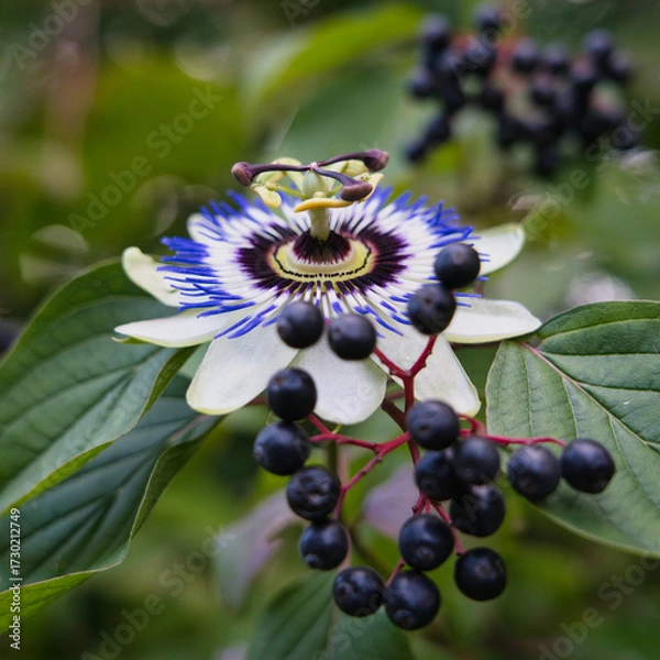 Fototapeta Macro of a passion flower with vibrant filaments and a star-shaped center. Ideal for botanical visuals. Note: The flower is not organically attached to the stem depicted.