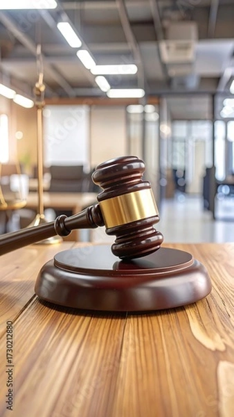 Fototapeta Wooden gavel rests on sound block atop wood table, blurred office background