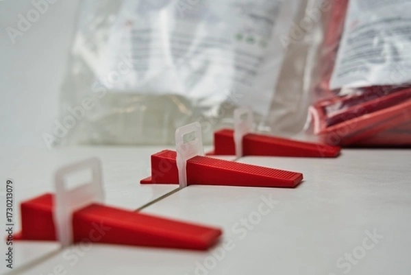 Fototapeta Tile leveling wedges and clips in action during ceramic installation. Macro view of precision tools for smooth, professional flooring. Ideal for DIY, construction, and tutorial visuals.