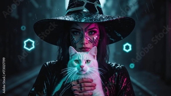 Fototapeta Cyberpunk witch in a glowing futuristic hat holding a white cat with neon blue eyes, set on a rainy night street with digital geometric light effects
