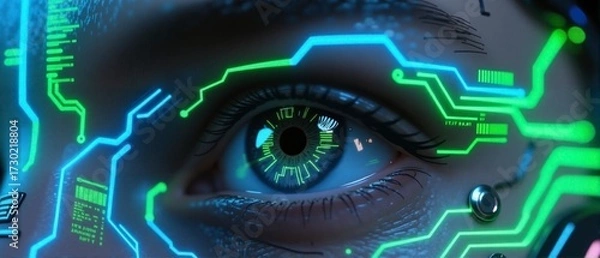 Fototapeta Close-up cybernetic human eye with glowing neon green and blue circuits and digital interface, futuristic sci-fi technology concept