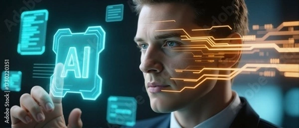 Fototapeta Businessman interacting with glowing AI digital interface, facial scan and futuristic circuit graphics, advanced technology and artificial intelligence concept