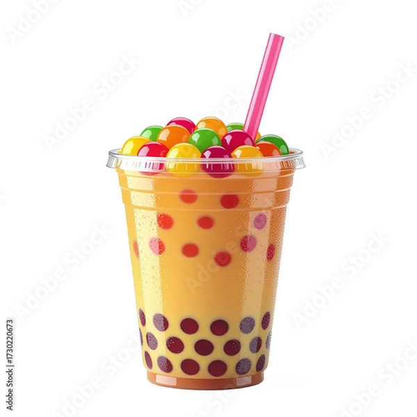Obraz Colorful Bubble Tea Drink with Tapioca Pearls and Fruit Toppings on Transparent Background