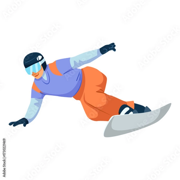 Fototapeta Snowboarder in motion wearing helmet and goggles, flat graphic style, isolated on white background. Concept of winter sport action. Vector illustration