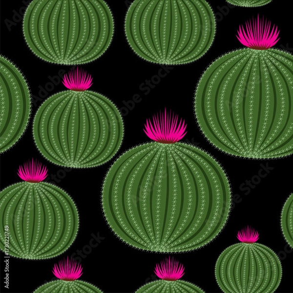 Obraz Cute seamless pattern with flat cacti. Green desert plants with flowers. Playful vector design for kids, fabric, or wallpaper