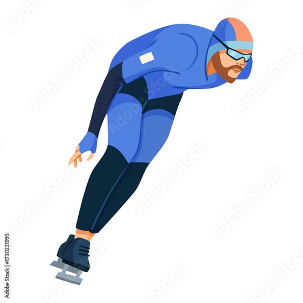 Fototapeta Male speed skater in blue suit and helmet leaning forward while skating fast, flat graphic style, on white background. Concept of winter sports. Vector illustration