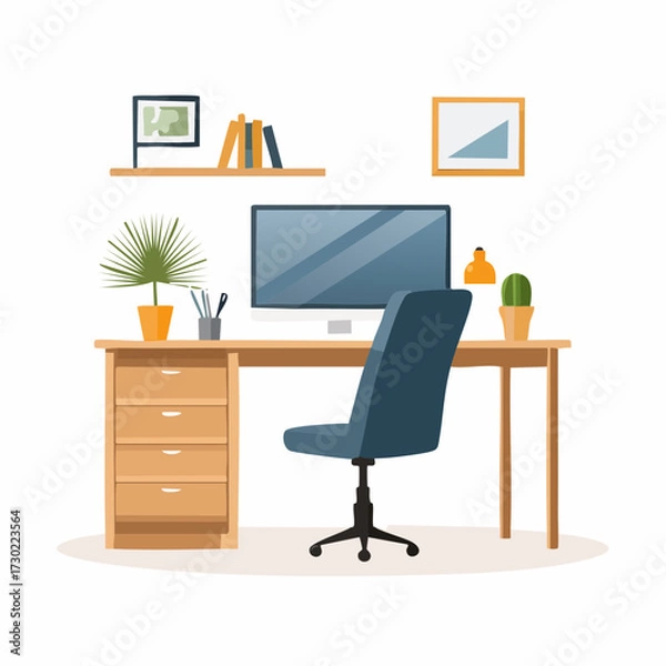 Fototapeta Illustration of a home office setup with a desk, computer, chair, plant, shelves, books, and other decorative items.