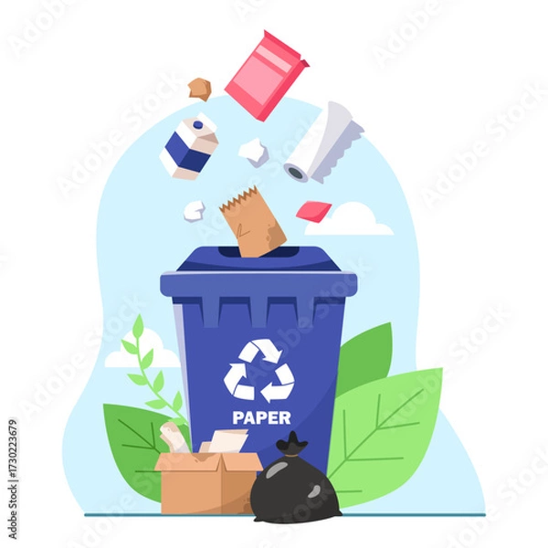 Fototapeta Blue recycling bin labeled paper with flying trash, flat style on white background, concept of waste sorting and environmental protection. Vector illustration